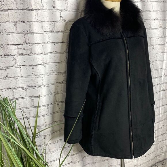 Wilson's Leather Faux Suede Real Fox Fur Removable Collar Zip-Up Jacket Coat Bla - Picture 2 of 15